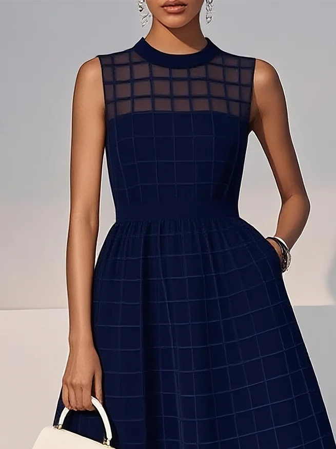 Navy Blue Organza Mesh Plaid Classic Crew Neck Sleeveless A-Line Midi Dress