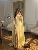 Cocoslly Strapless Sleeveless High Waist Long Mermaid Prom Dress With Split And Cape | Yellow Chiffon CO0044