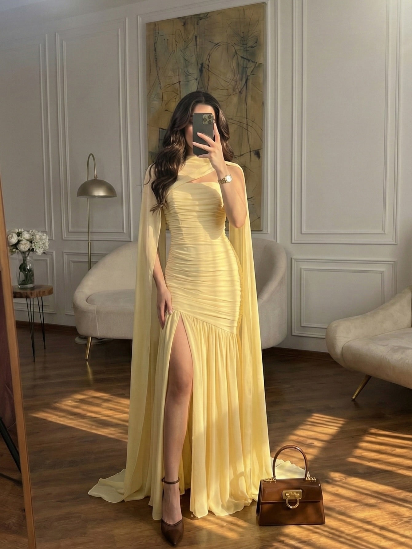 Cocoslly Strapless Sleeveless High Waist Long Mermaid Prom Dress With Split And Cape | Yellow Chiffon CO0044