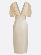 Champagne Ruched Satin V Neck Short Sleeve Raglan Sleeves Sheath Midi Dress