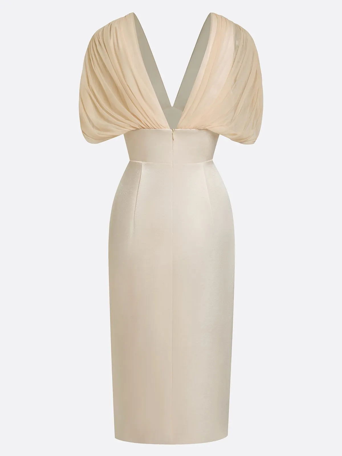 Champagne Ruched Satin V Neck Short Sleeve Raglan Sleeves Sheath Midi Dress