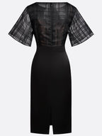 Black Organza Plaid Classic Boat Neck Half Sleeve Dolman Sleeve Sheath Midi Dress