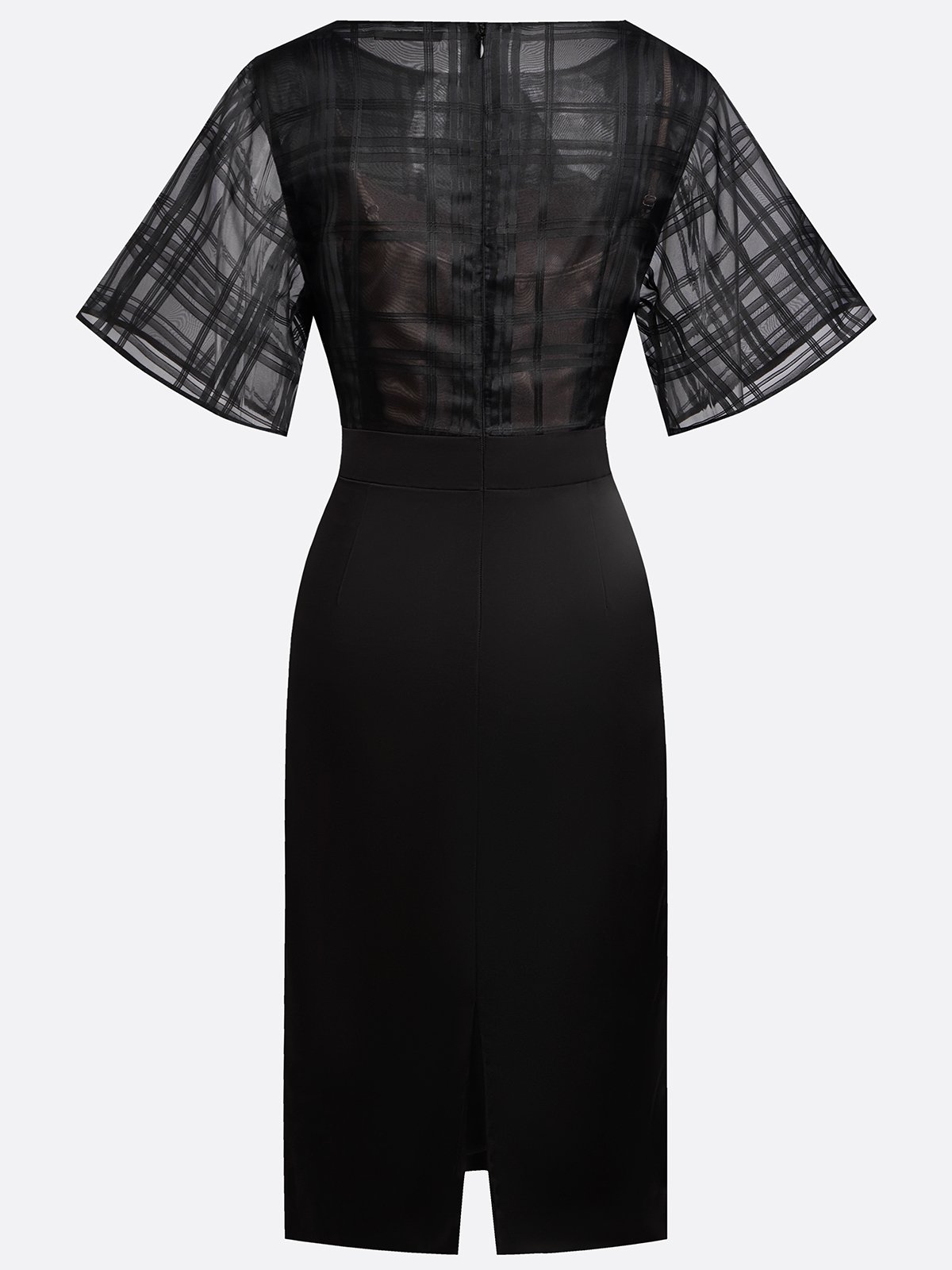 Black Organza Plaid Classic Boat Neck Half Sleeve Dolman Sleeve Sheath Midi Dress
