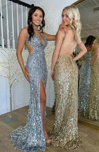 Cocoslly Straps V-Neck Sleeveless High Waist Long Prom Dress With Split | Champage Glod Sequins ZT0893
