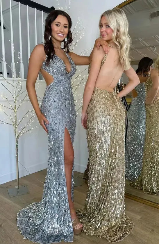Cocoslly Straps V-Neck Sleeveless High Waist Long Prom Dress With Split | Champage Glod Sequins ZT0893