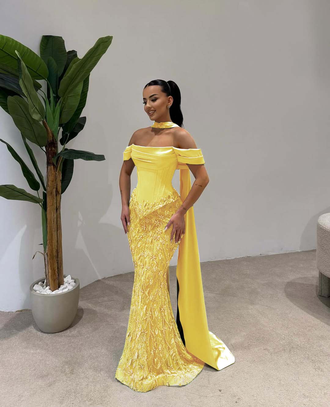 Cocoslly Off-The-Shoulder Long Pleated Mermaid Prom Dress With Beaded-Embroidered And Scarf | Dusty Sage Satin And Tulle ZA0306