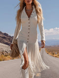 Chic Western-style White Faux-suede Fringe Long-sleeve Midi Dress