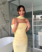 Cocoslly Off-The-Shoulder Sleeveless High Waist Long Mermaid Prom Dress With PLeated And Scarf | Ivory Satin CO0022