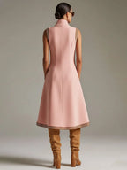 Sporty Retro Striped Ribbed Pink Cotton Blend Sleeveless Midi Dress