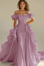 Off the Shoulder Sleeveless Long Mermaid Prom Dress With Ruffles JQ0149