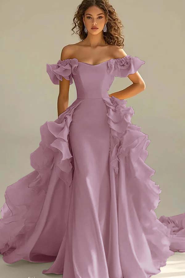 Off the Shoulder Sleeveless Long Mermaid Prom Dress With Ruffles JQ0149
