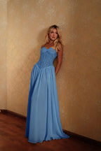 Cocoslly Spaghetti Straps Sleeveless High Waist Long Prom Dress | Glod Champage Chiffon YC0559