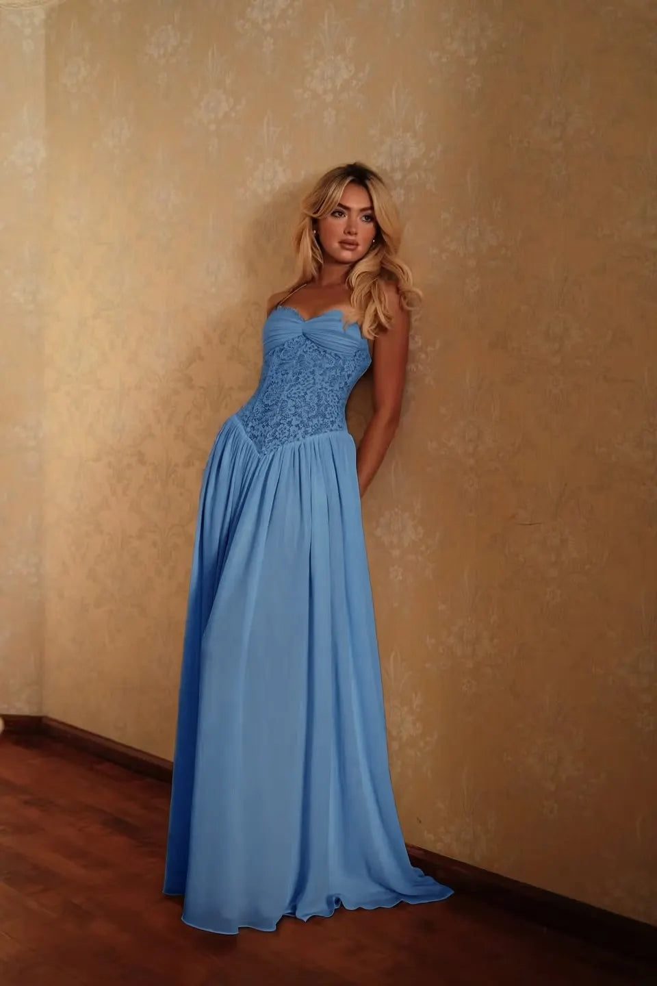 Cocoslly Spaghetti Straps Sleeveless High Waist Long Prom Dress | Glod Champage Chiffon YC0559