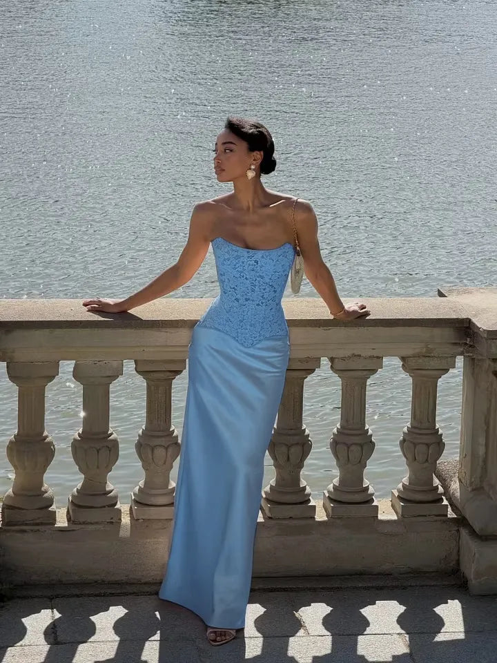 Cocoslly Strapless Sleeveless High Waist Long Prom Dress With Appliques | Pink Satin LX0113