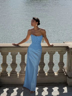Cocoslly Strapless Sleeveless High Waist Long Prom Dress With Appliques | Pink Satin LX0113