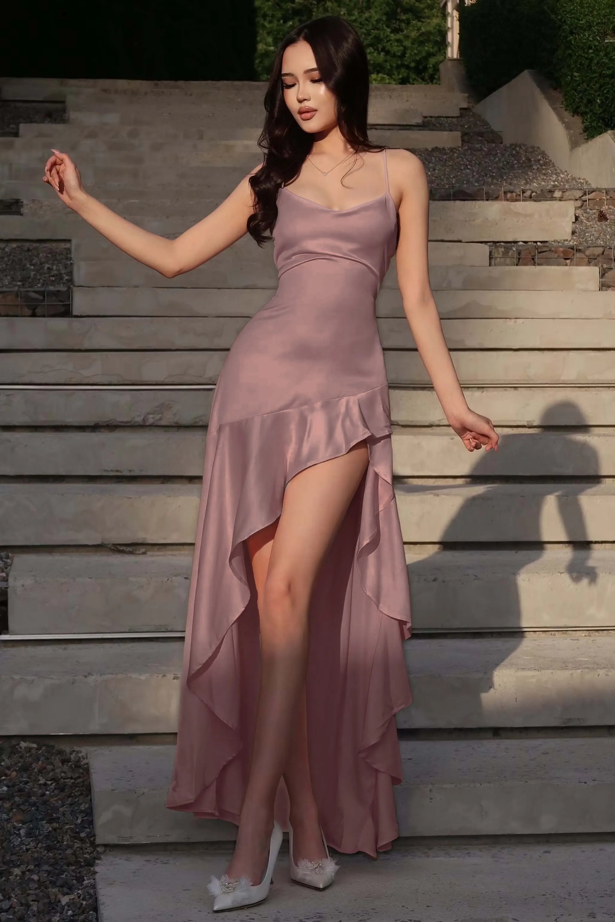 Cocosll Spaghetti Straps Sleeveless High Waist Long Prom Dress With Ruffles | Blushing Pink Satin YC0564