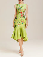 Green Floral Boat Neck Sleeveless Mermaid Midi Dress