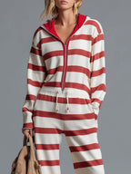 Retro Sporty Red Striped Hooded Half-Zip Wide-Leg Jumpsuit
