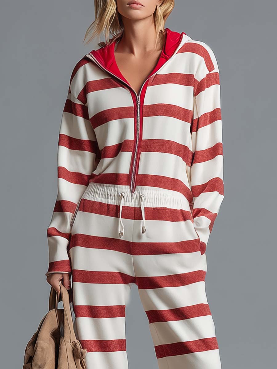 Retro Sporty Red Striped Hooded Half-Zip Wide-Leg Jumpsuit
