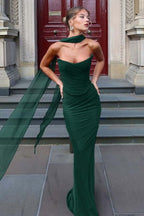 Chiffon Strapless Sleeveless Long Mermaid Prom Dress With Pleated YK0036