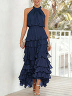 Purplish Blue Peplum Tiered Chiffon Halter Sleeveless A-Line Maxi Two-piece Dress