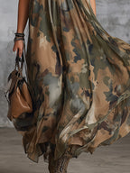 Chic And Elegant Green Camouflage Print Halter-neck Chiffon Maxi Dress