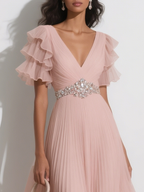 Pink Pleated Rhinestone Chiffon V Neck Short Sleeve Ruffle Sleeve A-Line Maxi Dress