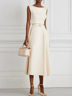 Light Blue Classic Boat Neck Sleeveless A-Line Midi Dress