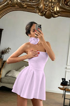 Cocoslly Strapless Sleeveless High Waist Short Prom Dress With Flower | Red Satin ZT0783