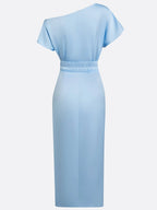 Women Blue Satin Buckle Asymmetrical Short Sleeve Dressy Top With Skirt Two-Piece Set