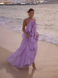 Cocoslly Halter Sleeveless High Waist Long Prom Dress With Ruffles | Lilac Chiffon LX0092