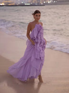 Cocoslly Halter Sleeveless High Waist Long Prom Dress With Ruffles | Lilac Chiffon LX0092