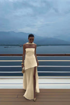 Cocoslly Strapless Split Holiday Summer Long Prom Dress With Scarf | White Satin And Chiffon ZT0604