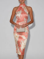 Pink Floral Satin Halter Neck Sleeveless Sheath Midi Dress