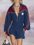 Retro Sporty Star-Patch Color-Blocked Collared Half-Zip Romper