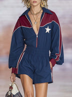 Retro Sporty Star-Patch Color-Blocked Collared Half-Zip Romper