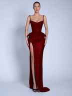V-Neck Spaghetti Straps Sleeveless Long Mermaid Prom Dress With Split And Sequins YK0713