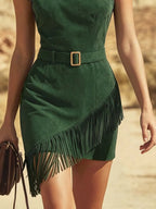 Bohemian Retro One-Shoulder Sleeveless Fringed Faux Suede Mini Dress