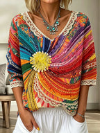 Women's Hippie Style Colorful Patchwork Art Cotton And Linen Short Sleeve Top
