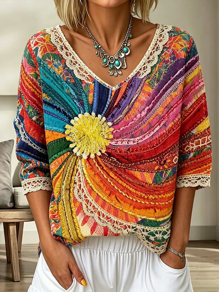 Women's Hippie Style Colorful Patchwork Art Cotton And Linen Short Sleeve Top