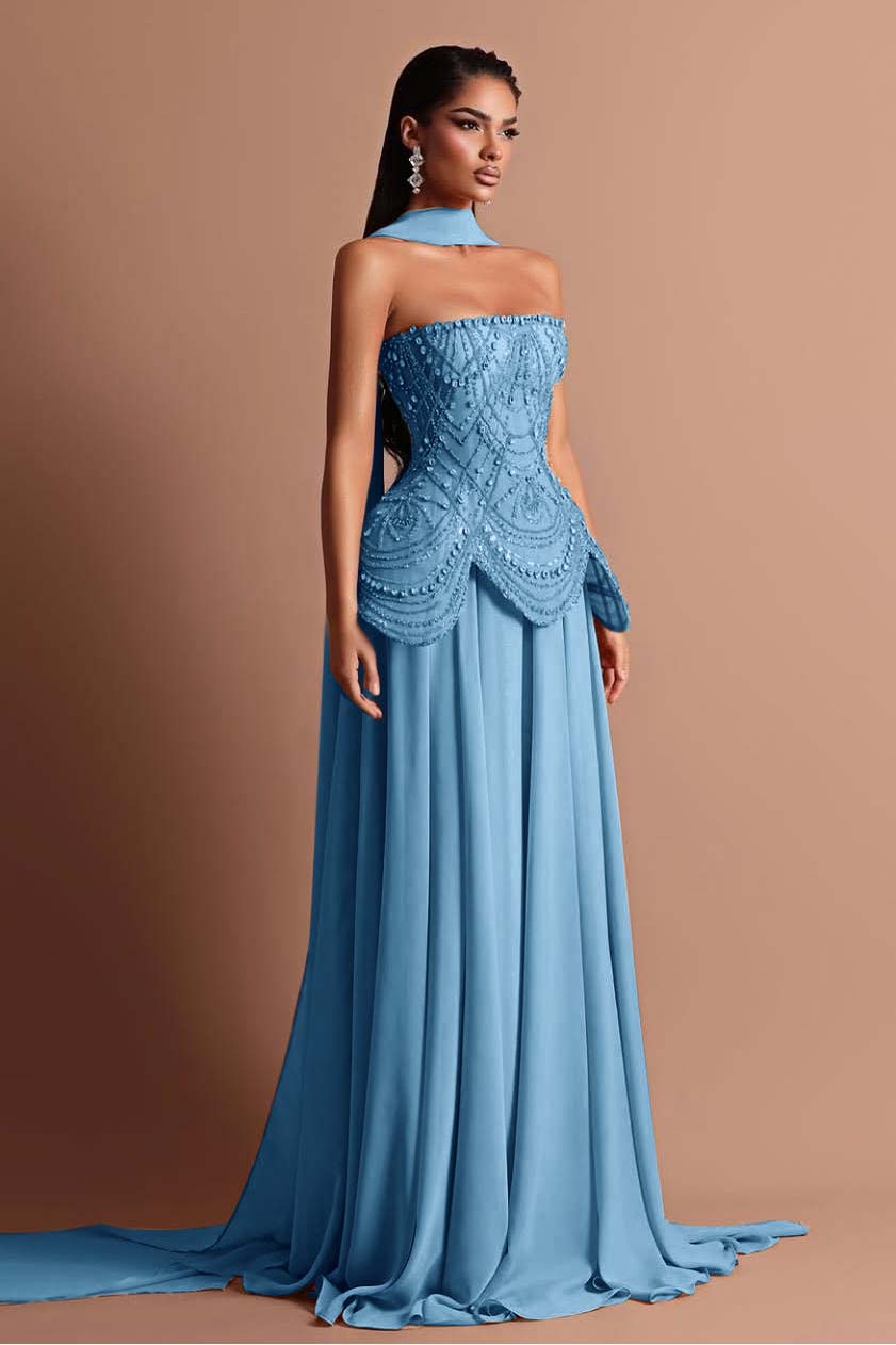 Strapless Sleeveless Long Prom Dress With Beading Pleated Wrap WQ0084