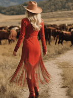 Western Style Vintage Embroidered Red Fringed Faux Suede Midi Dress