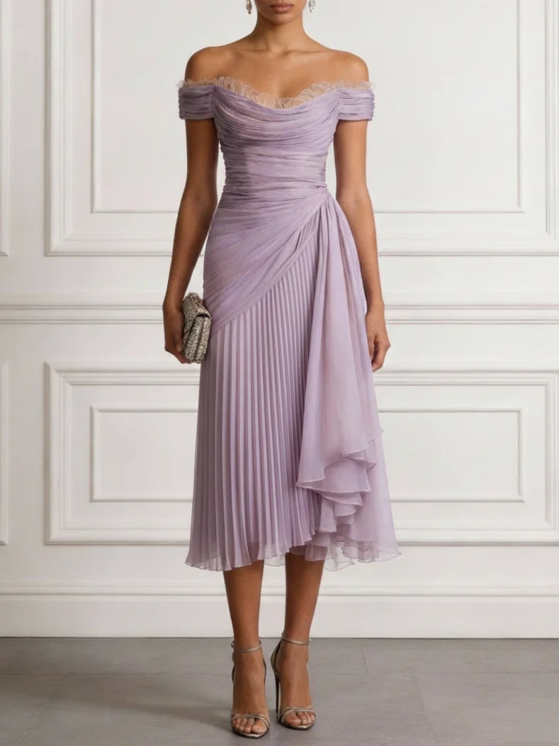 Lavender Ruched Lace Chiffon Off The Shoulder Short Sleeve A-Line Midi Dress