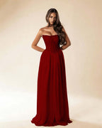 Strapless Sleeveless Long Pleated A-Line Prom Dress With Beadings And Rhinstone YK0781