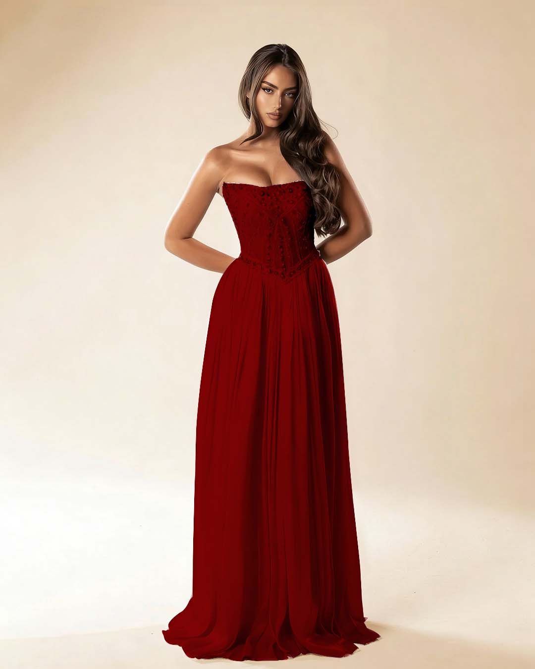 Strapless Sleeveless Long Pleated A-Line Prom Dress With Beadings And Rhinstone YK0781