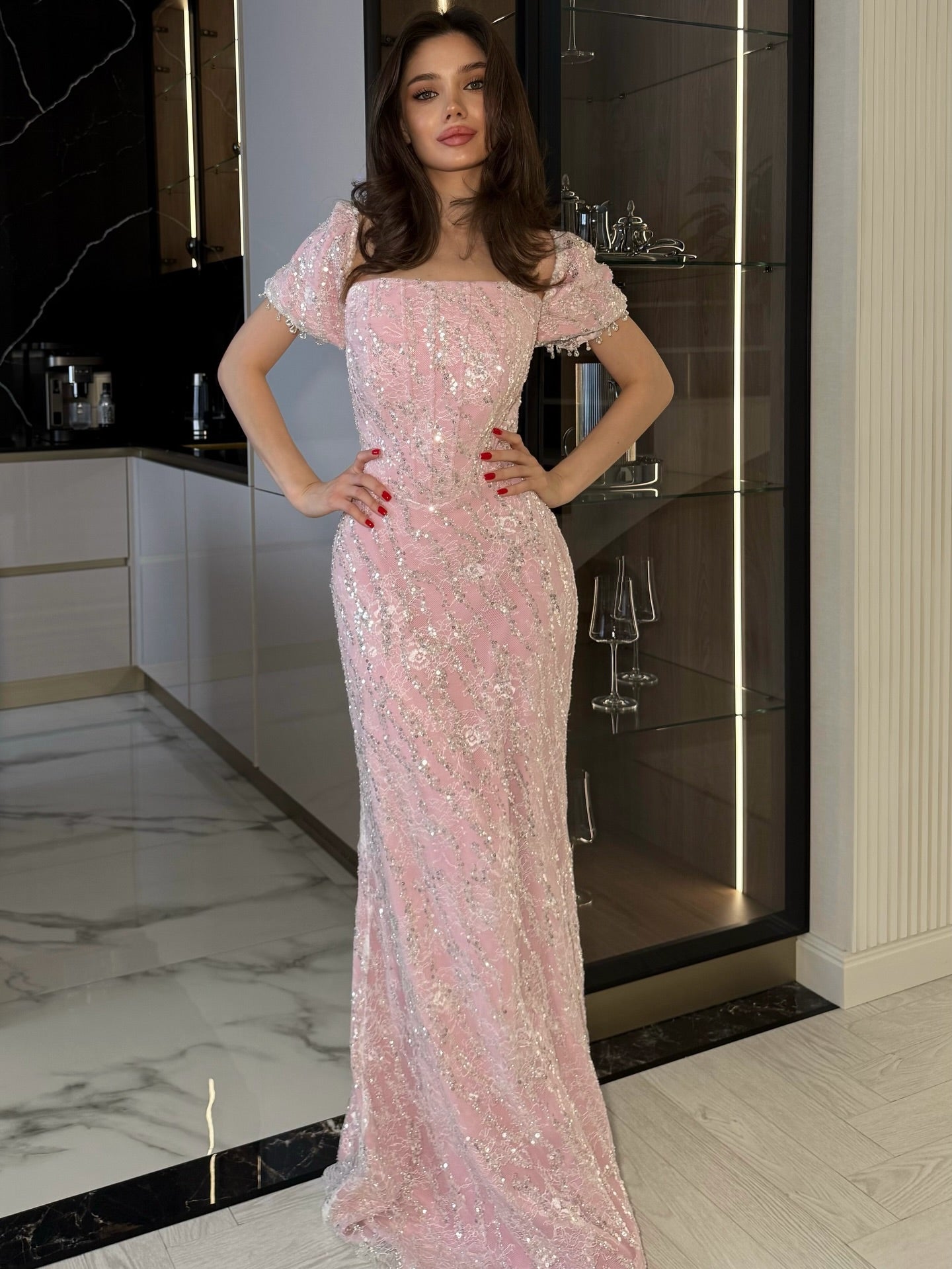 Cocoslly Square Neck Short Sleeves High Waist Long Mermaid Prom Dress With Sequins | Pink Satin CO0113
