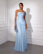 Light Blue Ruched Classic Strapless Sleeveless A-Line Gown Dress