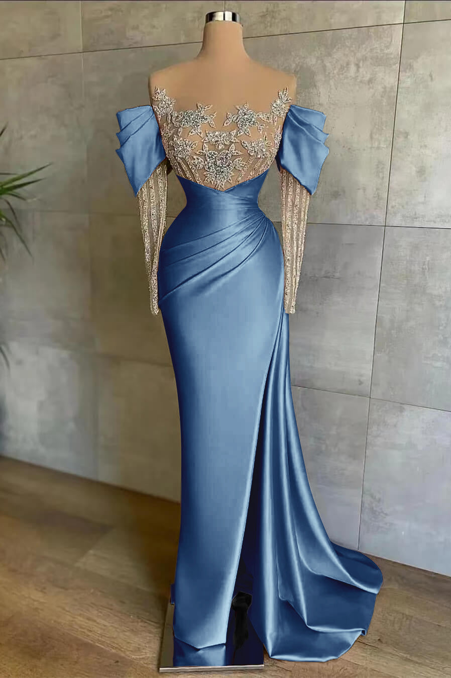 Cocoslly Off-The-Shoulder Long Lace Sleeves Long Split Mermaid Prom Dress With Beaded Applique Embroidery | Pink Satin ED0148
