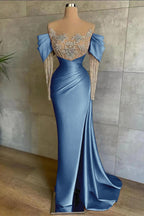 Cocoslly Off-The-Shoulder Long Lace Sleeves Long Split Mermaid Prom Dress With Beaded Applique Embroidery | Pink Satin ED0148