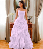 Tulle V-Neck Spaghetti Straps Strapless Sleeveless Long A-Line Prom Dress With Beadings And Pleated YK0761